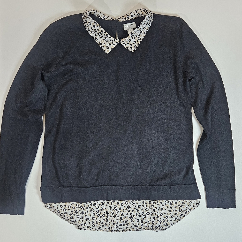 J. Crew Womens Top Small Black‎ Leopard Accent Cocktail Office Career Wear Top